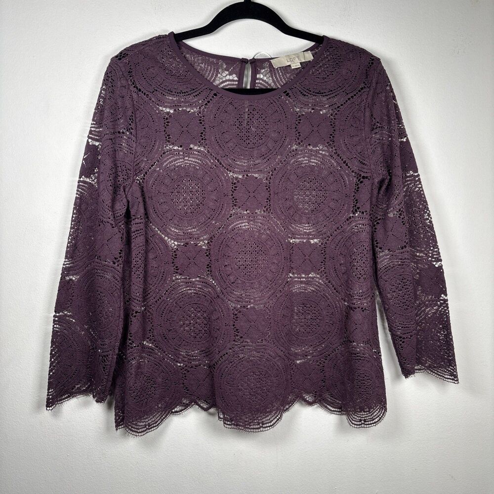 LOFT  Y2K Purple Lace Layering Top Women’s M Long Sleeve Boho Romantic Sheer